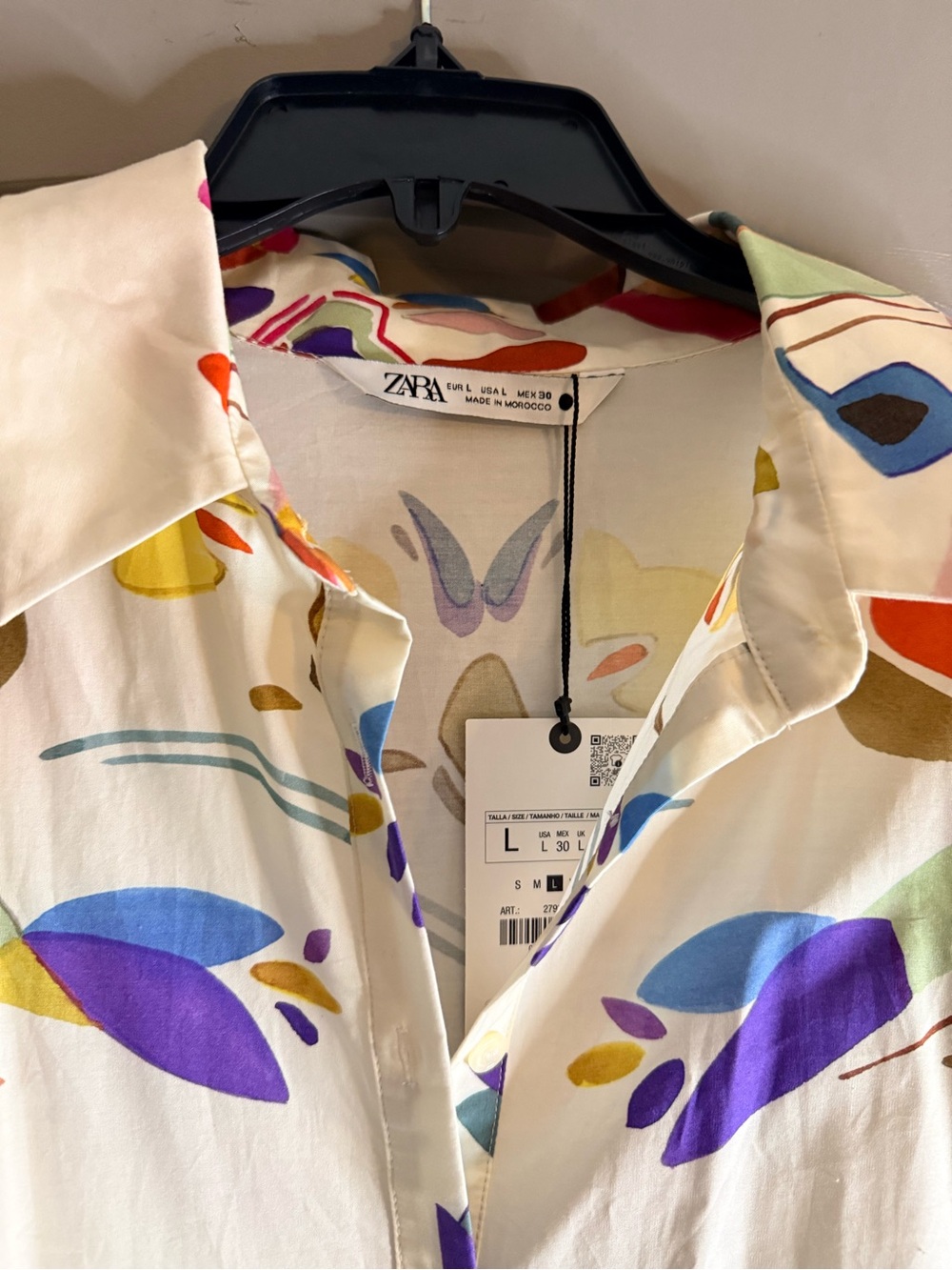 Zara Cream Button-Up Dress with Purple, Blue & Orange Abstract Motif